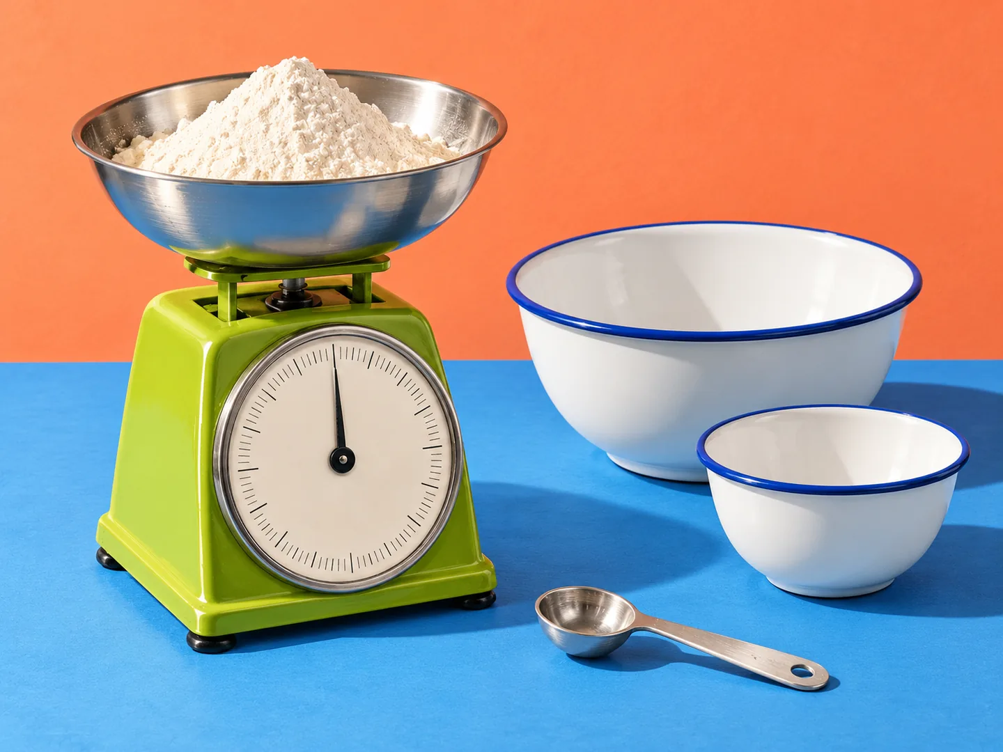A lime kitchen scale holding flour beside two blue-rimmed mixing bowls of different sizes, on a blue surface against an orange wall.